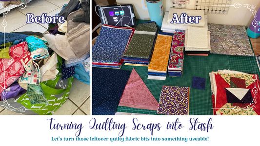 Essentially Loved scrap bags (before pic) turned to usable fabric strips (after)
