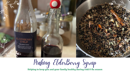 Elderberry syrup simmering and bottled