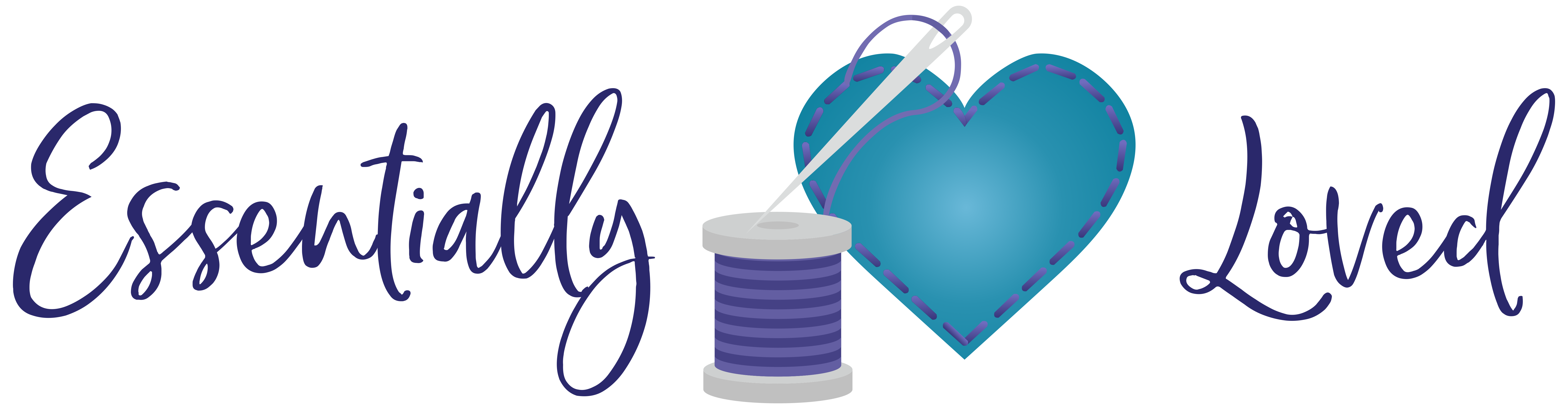essentially loved logo with stitched teal heart and variegated purple thread spool with needle